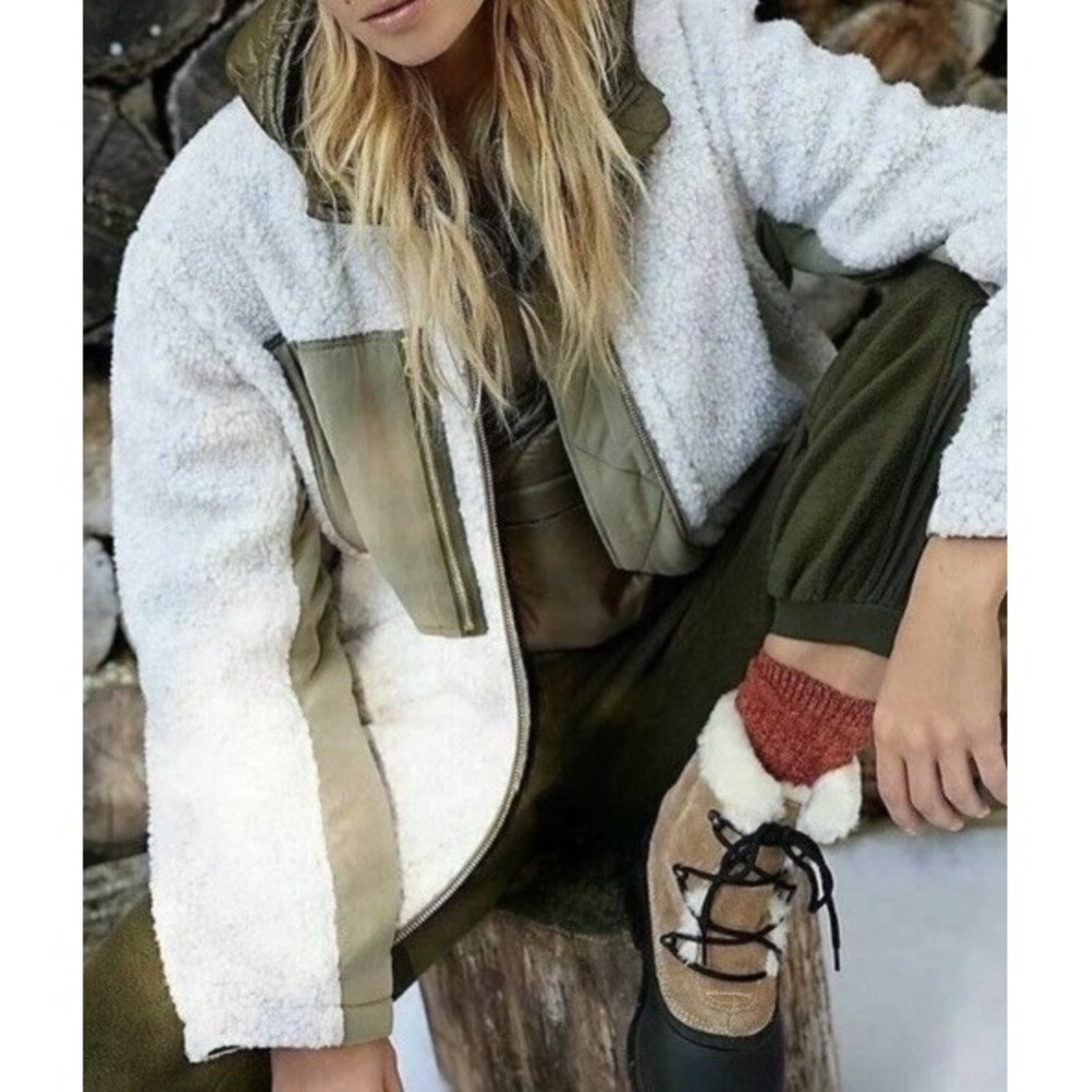 Free People Rivington Sherpa Olive Oversized Relaxed Zipper Jacket Womens Small